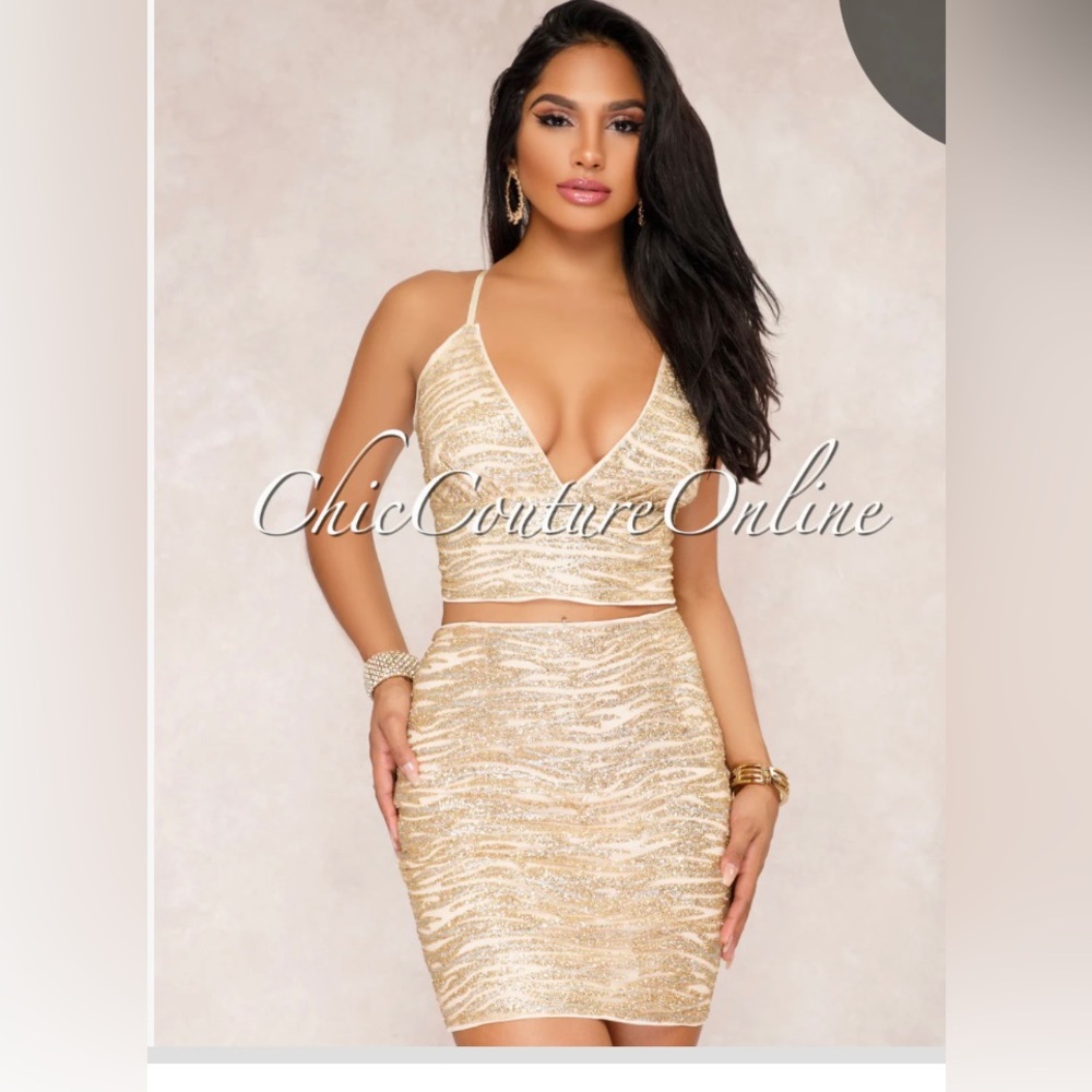 Large Gold Sequin Crop Top & Mini Skirt Set